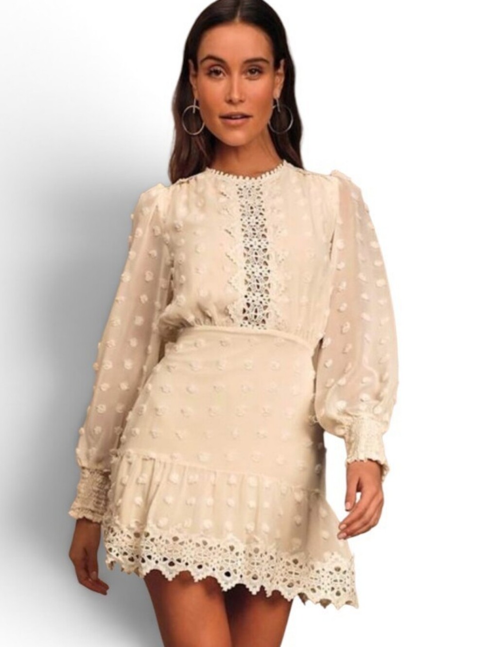 Lulu's Cream Swiss-Dot Lace-Trim Long Sleeve Mini Dress. XL
